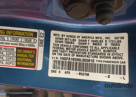2006 Honda Civic Lx from USA, damaged, VIN 1HGFA16556L065810